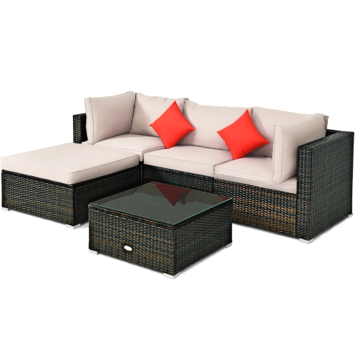 Patiojoy 5 PCS Patio Rattan Furniture Set Wicker Table Sofa Garden Outdoor W/ Cushion Black