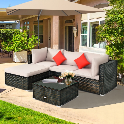 Patiojoy 5 PCS Patio Rattan Furniture Set Wicker Table Sofa Garden Outdoor W/ Cushion Black