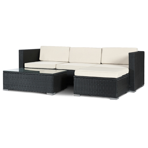 Patiojoy 5 PCS Patio Rattan Furniture Set Wicker Table Sofa Garden Outdoor W/ Cushion Black