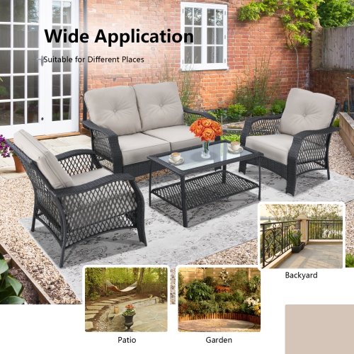 Patiojoy 4PCS Patio Rattan Furniture Set Outdoor Conversation Set w/Tempered Glass Coffee Table Beige