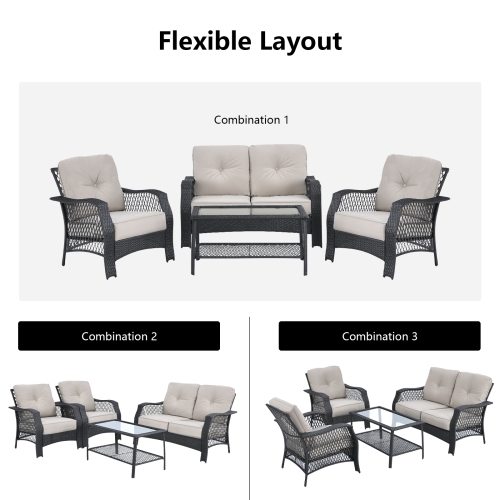 Patiojoy 4PCS Patio Rattan Furniture Set Outdoor Conversation Set w/Tempered Glass Coffee Table Beige