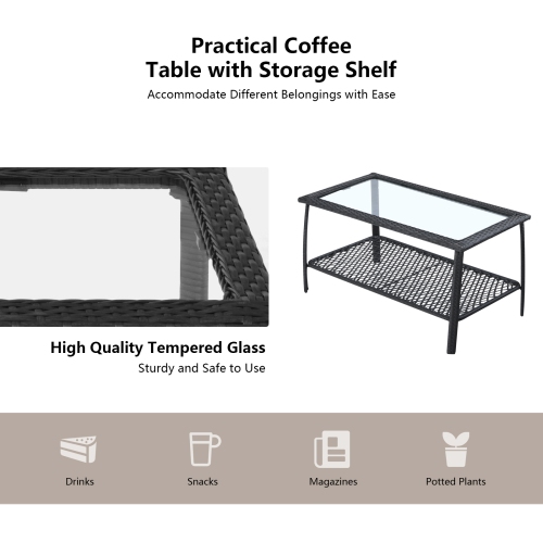 Patiojoy 4PCS Patio Rattan Furniture Set Outdoor Conversation Set w/Tempered Glass Coffee Table Beige