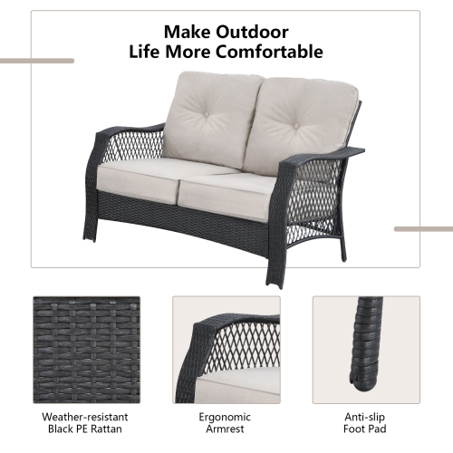 Patiojoy 4PCS Patio Rattan Furniture Set Outdoor Conversation Set w/Tempered Glass Coffee Table Beige