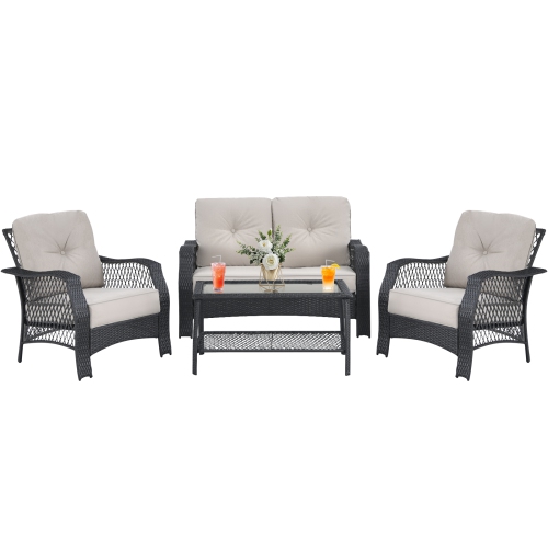 Patiojoy 4PCS Patio Rattan Furniture Set Outdoor Conversation Set w/Tempered Glass Coffee Table Beige