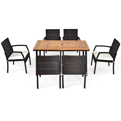 TOPBUY  Patiojoy 7PCs Patio Rattan Furniture Dining Set Wooden Table Cushioned Chair