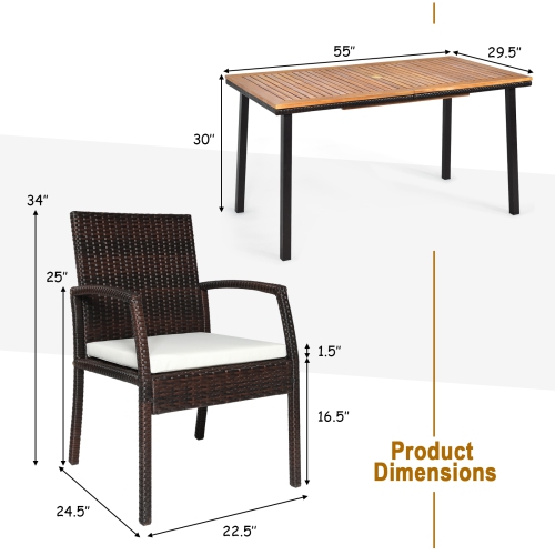 Patiojoy 7PCS Patio Rattan Furniture Dining Set Wooden Table Cushioned Chair