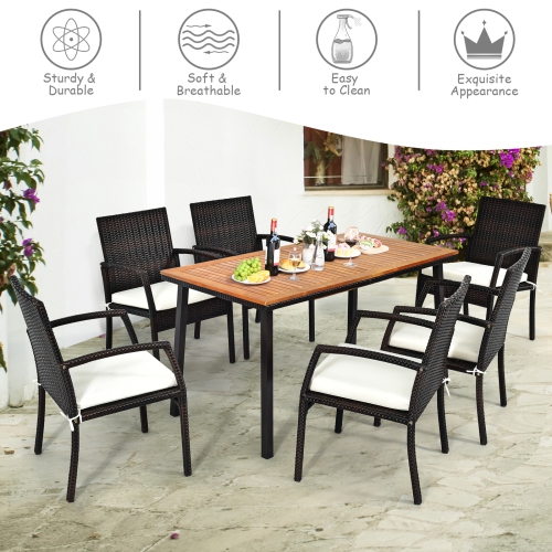 Patiojoy 7PCS Patio Rattan Furniture Dining Set Wooden Table Cushioned Chair