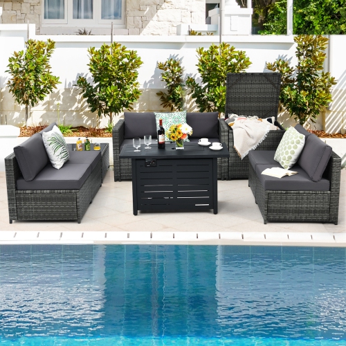 Patiojoy 9 PCS Rattan Dinning Set Wicker Sofa w/Propane Gas Fire Pit 60,000 Btu Heater