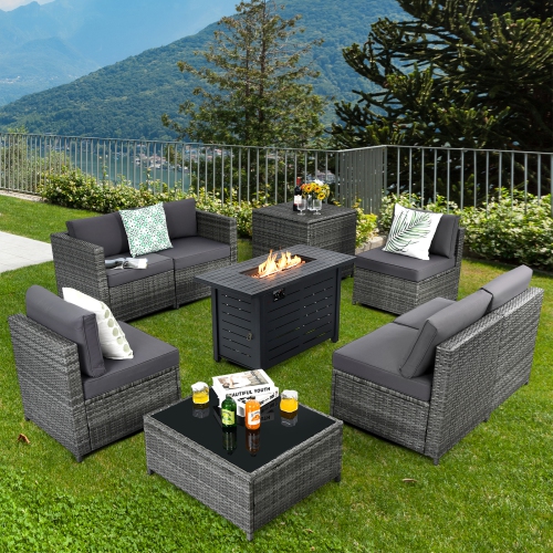 Patiojoy 9 PCS Rattan Dinning Set Wicker Sofa w/Propane Gas Fire Pit 60,000 Btu Heater