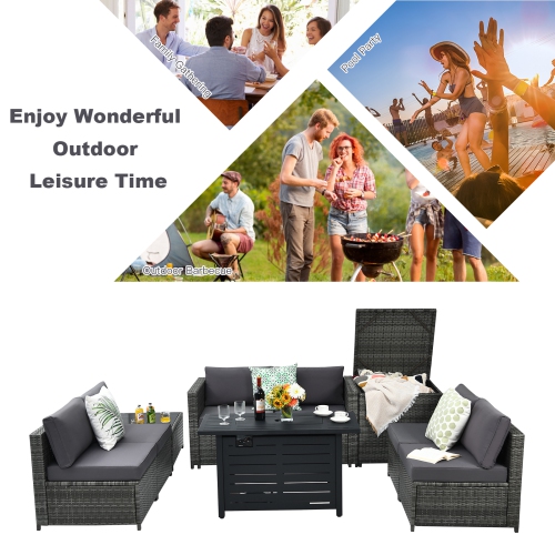 Patiojoy 9 PCS Rattan Dinning Set Wicker Sofa w/Propane Gas Fire Pit 60,000 Btu Heater