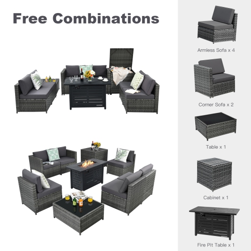 Patiojoy 9 PCS Rattan Dinning Set Wicker Sofa w/Propane Gas Fire Pit 60,000 Btu Heater