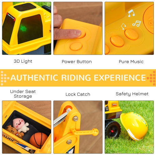 QABA  No Power Ride On Excavator Construction Digger Multi-Functional Truck Toy \w 2 In 1 Design Detachable Digging Bucket And Grab Bucket, Music