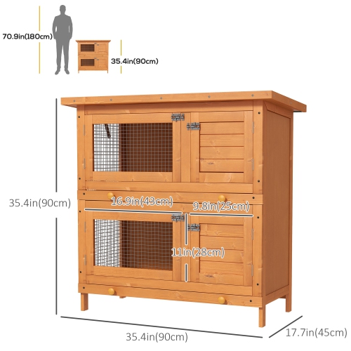 PawHut 2-Tier Wooden Rabbit Hutch Small Animal House Bunny Pet Cage with 2 Main Rooms, Sliding Tray, Opening Top, Yellow