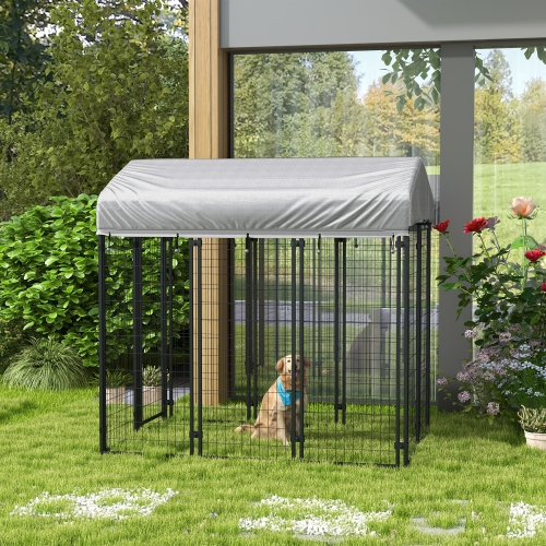 PawHut 6' x 4' x 6' Dog Run Outdoor, Large Outdoor Dog Kennel Welded Wire Steel Fence with UV-Resistant & Waterproof Cover, Secure Lock, Silver