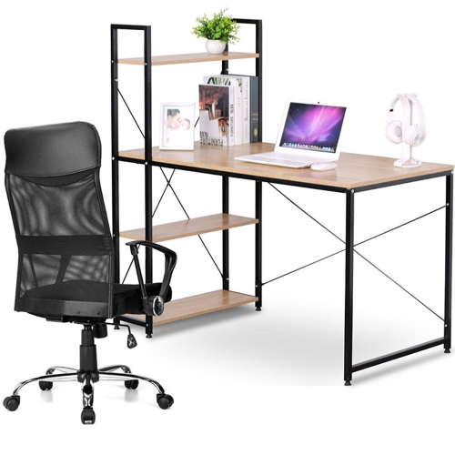 47-inch Computer Writing Desk with 4 Tier Bookshelves + Ergonomic Adjustable High Back Office Chair Mesh & PU Leather Swivel Task Computer Chair