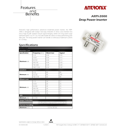 Antronix ARPI-2000 Drop Power Inserter Power Bringing Coaxial Splitter