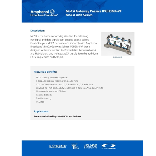 Amphenol MoCA Gateway Passive IPGH3M4-VF 3xHYBRID+4xMoCA Ports Coaxial Splitter