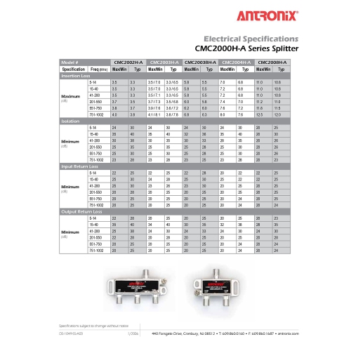 Splitter CMC2004H-A, Broadband RF 4 Output MoCA Capable 5-1002MHZ By Antronix