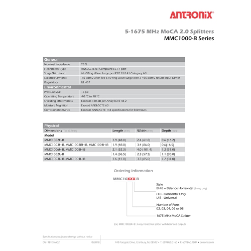 3 Way Antronix MMC1003H-B 5-1675 MHz MoCA 2.0 Splitter for Frontier Formerly Verizon Fios