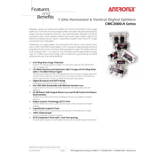 Antronix A Series CMC2000H-A 2-Way Horizontal Splitter 1 GHz 5-1002 MHZ MoCA Capable