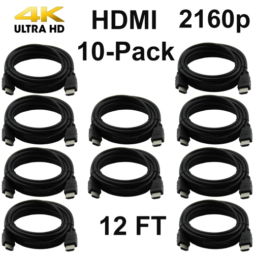 Pack of 10 Digital High-Speed 1.4 HDMI Cables 4K/30Hz 10.2Gbps PVC 2160p Black Cord Universal Wire by SatelliteSale 12 feet