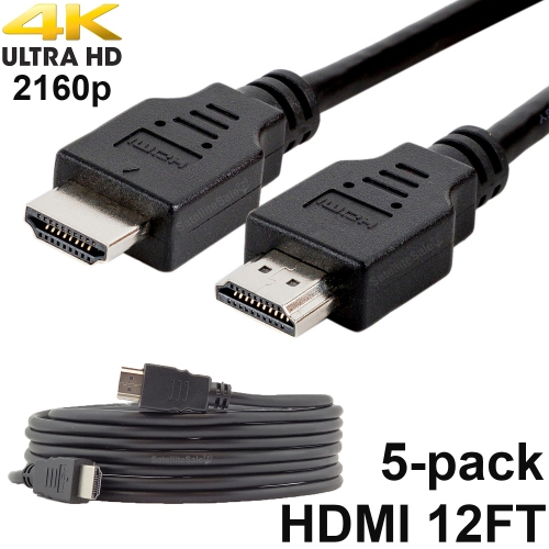 Pack of 5 Digital High-Speed 1.4 HDMI Cables 4K/30Hz 10.2Gbps PVC 2160p Black Cord Universal Wire by SatelliteSale 12 feet