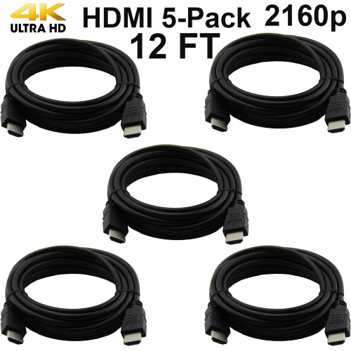 Pack of 5 Digital High-Speed 1.4 HDMI Cables 4K/30Hz 10.2Gbps PVC 2160p Black Cord Universal Wire by SatelliteSale 12 feet