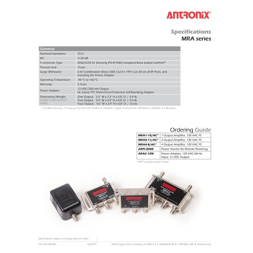 Antronix MRA1-15AC Amplifier, 1 Port,15dB Gain, Output 5-1002Mhz + Power Adapter