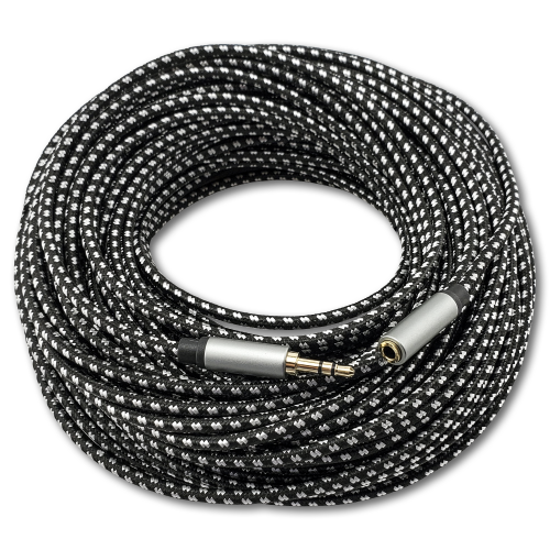 SatelliteSale Auxiliary 3.5mm Audio Jack Male to Female Digital Stereo Aux Extension Cable Universal Wire Black/White Nylon Cord 100 feet