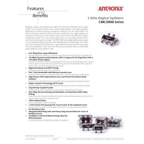 Antronix CMC2002H 2-Way-(5) Pack Horizontal Splitter -3.5db Ports 5-1002 MHz