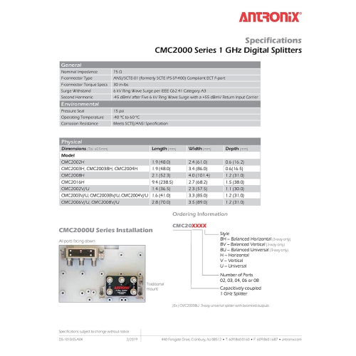 Antronix CMC2002H 2-Way-(5) Pack Horizontal Splitter -3.5db Ports 5-1002 MHz