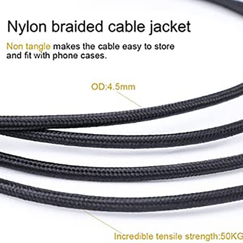 SatelliteSale Auxiliary 3.5mm Right Angle Audio Jack Male to Male Digital Stereo Aux Cable Universal Wire Black Nylon Cord 6 feet