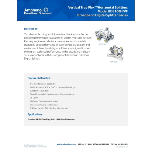 Extreme/Amphenol 3-Way Unbalanced HD Digital 1GHz Coaxial Cable Splitter - BDS103H