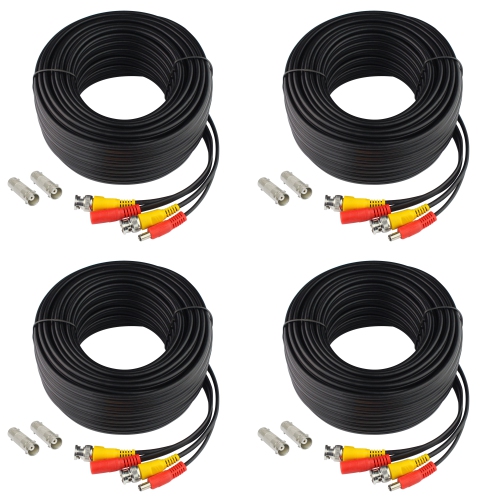 SATELLITESALE  Pack Of 4 Cctv Security Camera Bnc Cable Siamese Pre-Made 2-In-1 Video And Power Pvc Cord Universal Wire 100 Feet In Black