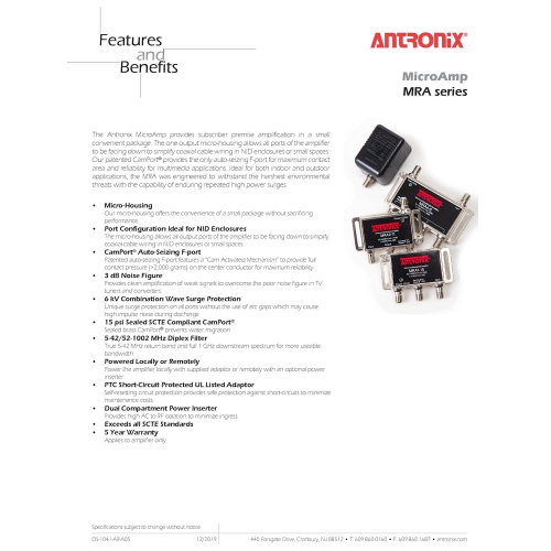 Antronix AMP MRA4-8/AC Broadband Cable TV Signal Booster With Power Supply