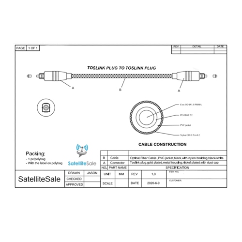 SatelliteSale Digital Toslink SPDIF Audio Optical Fiber Cable Universal Wire Nylon Black/Silver Cord
