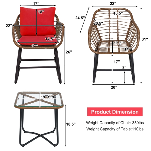 Costway 3PCS Patio Rattan Bistro Set Cushioned Chair Glass Table Deck