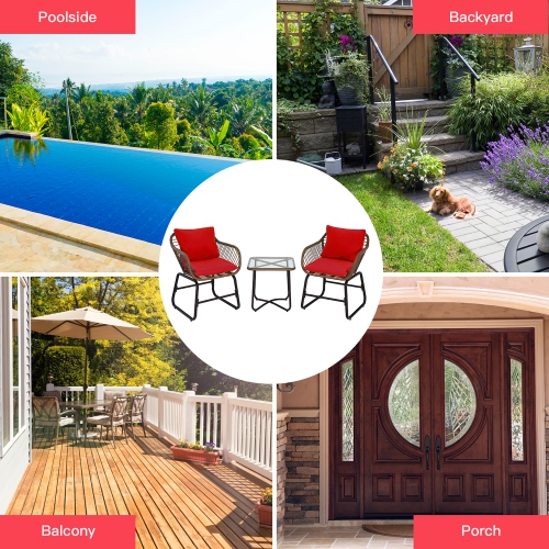 Costway 3PCS Patio Rattan Bistro Set Cushioned Chair Glass Table Deck