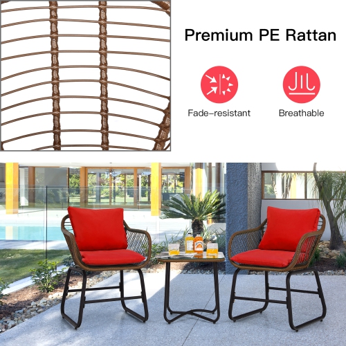 Costway 3PCS Patio Rattan Bistro Set Cushioned Chair Glass Table Deck