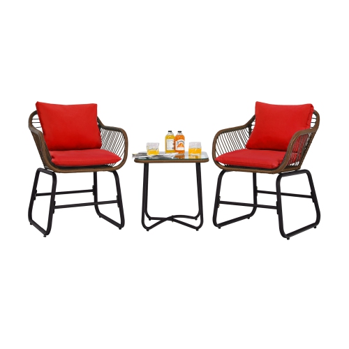 Costway 3PCS Patio Rattan Bistro Set Cushioned Chair Glass Table Deck
