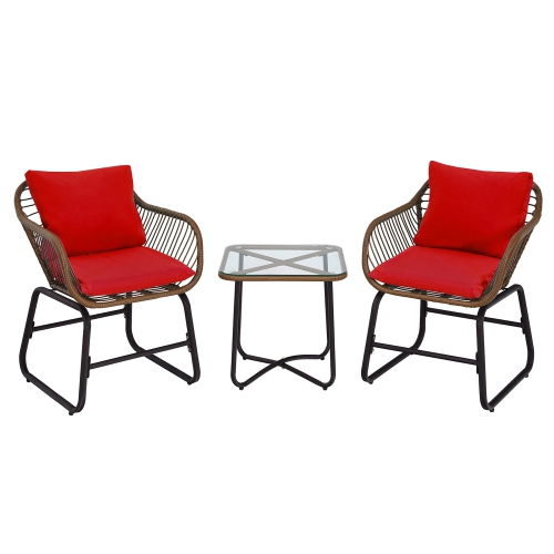 Costway 3PCS Patio Rattan Bistro Set Cushioned Chair Glass Table Deck