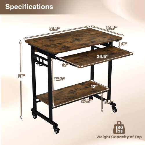 Costway Costway Computer Desk Rolling Laptop Cart Writing Workstation with Keyboard Tray