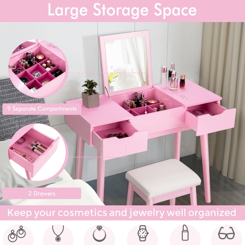 Costway Vanity Table Set w/ Flip Top Mirror Drawers 9 Dividers Makeup Writing Desk