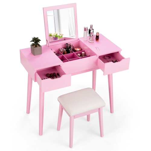 Costway Vanity Table Set w/ Flip Top Mirror Drawers 9 Dividers Makeup Writing Desk