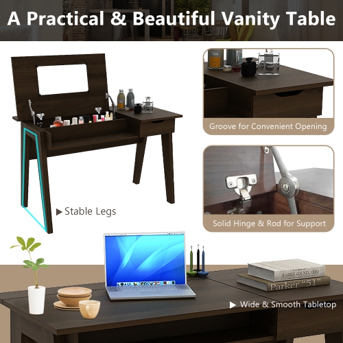 Costway Vanity Table with Flip Mirror Writing Computer Desk Storage Drawer Walnut