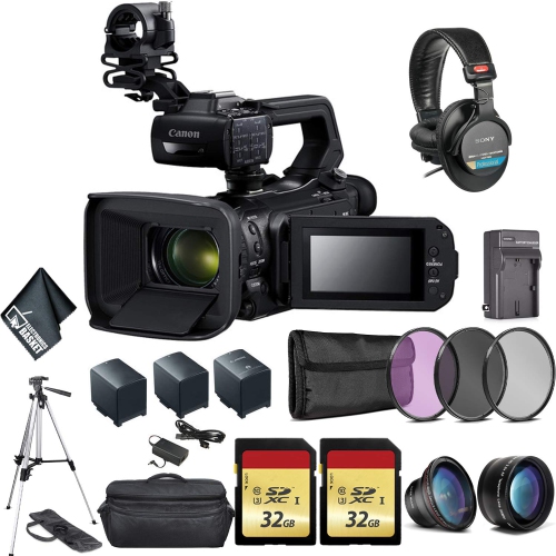 Canon XA50 Professional UHD 4K Camcorder Bundle with 2x Spare Batteries + 2x 32GB Memory Cards + Carrying Case + Sony MDR 7506 Headphones + More