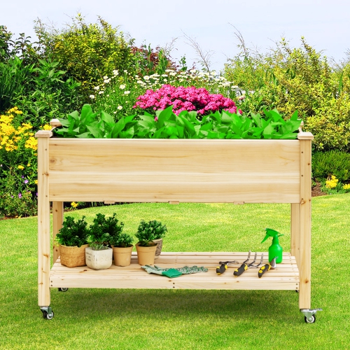 Topbuy Elevated Garden Bed Wood Planters with Storage Shelf Wheels & Liner Suitable for Vegetable Flower Herb