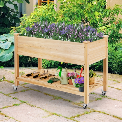 Topbuy Elevated Garden Bed Wood Planters with Storage Shelf Wheels & Liner Suitable for Vegetable Flower Herb