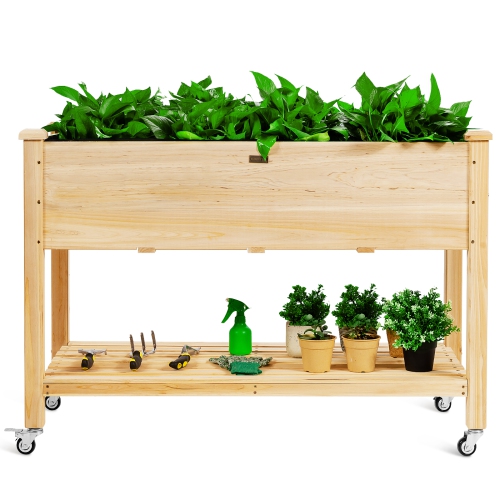 Topbuy Elevated Garden Bed Wood Planters with Storage Shelf Wheels & Liner Suitable for Vegetable Flower Herb