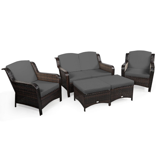 Costway 5PCS Patio Rattan Furniture Set Loveseat Sofa Ottoman W/Cushion